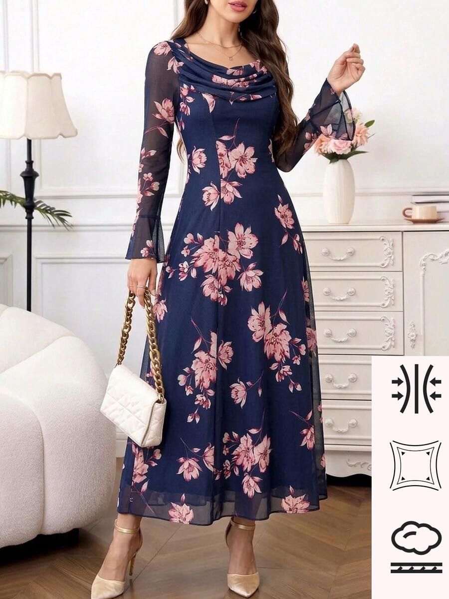 Amorya 女款花卉印花垂領喇叭袖優雅浪漫休閒洋裝 海軍藍花卉 秋季婚禮約會派對穿搭