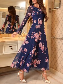 Amorya 女款花卉印花垂領喇叭袖優雅浪漫休閒洋裝 海軍藍花卉 秋季婚禮約會派對穿搭 - 彩色 - 查看 4