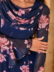 Amorya 女款花卉印花垂領喇叭袖優雅浪漫休閒洋裝 海軍藍花卉 秋季婚禮約會派對穿搭 - 彩色 - 查看 5