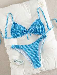 Swim Mod 2pcs Textured Fabric Ruffle Front Tie Bow Waist Pleated Cute Sweet Fashion Active Party Bikini Set Set For Summer Beach Vacation - Blue - View 2