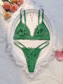 Crystal Vow 2件套性感蕾丝拼接前扣式女士内衣套装 - 綠色 - 查看 2