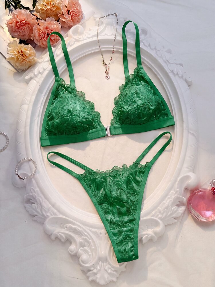 Crystal Vow 3SETS Sexy Lace Patchwork Front Closure Women's Lingerie Set - Green - View 1