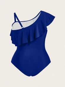 SHEIN Swim 2 件套加大码纯色荷叶边不对称领口连体泳衣，带斑马纹和服上衣和迷你裙，夏季 - 寶藍色 - 查看 7
