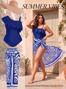 SHEIN Swim 2 件套加大码纯色荷叶边不对称领口连体泳衣，带斑马纹和服上衣和迷你裙，夏季 - 寶藍色 - 查看 1