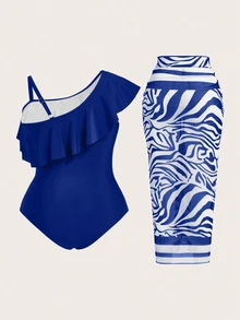 SHEIN Swim 2 件套加大码纯色荷叶边不对称领口连体泳衣，带斑马纹和服上衣和迷你裙，夏季 - 寶藍色 - 查看 3