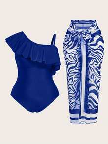 SHEIN Swim 2 件套加大码纯色荷叶边不对称领口连体泳衣，带斑马纹和服上衣和迷你裙，夏季 - 寶藍色 - 查看 2