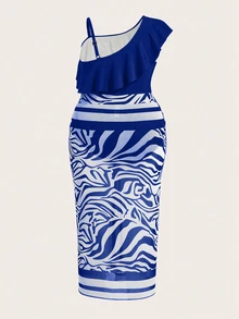 SHEIN Swim 2 件套加大码纯色荷叶边不对称领口连体泳衣，带斑马纹和服上衣和迷你裙，夏季 - 寶藍色 - 查看 5