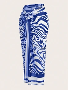 SHEIN Swim 2 件套加大码纯色荷叶边不对称领口连体泳衣，带斑马纹和服上衣和迷你裙，夏季 - 寶藍色 - 查看 8