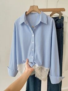 Muvela Women's Elegant Single-Breasted Lace Striped Blouse - Blue - View 5