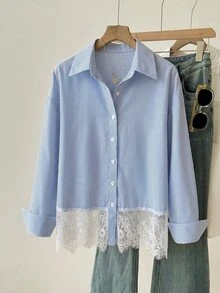 Muvela Women's Elegant Single-Breasted Lace Striped Blouse - Blue - View 6