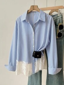 Muvela Women's Elegant Single-Breasted Lace Striped Blouse - Blue - View 4