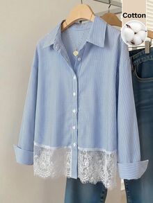 Muvela Women's Elegant Single-Breasted Lace Striped Blouse - Blue - View 1