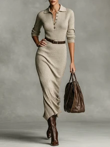SHEIN New Spring Fall Old Money Rib Knit Midi Bodycon Dress Women Polo Collar Half Placket Button Long Sleeve - Khaki - View 3