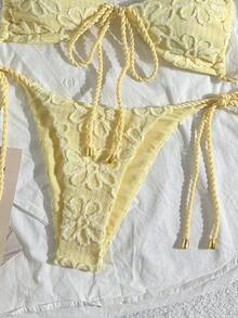 SHEIN Swim 女士两件套夏季沙滩装，纹理面料绳结系带露脐上衣和侧边抽绳长裤，泳装比基尼套装，女士比基尼套装，蕾丝泳装 - 黃色 - 查看 4