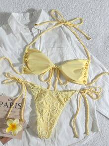 SHEIN Swim 女士两件套夏季沙滩装，纹理面料绳结系带露脐上衣和侧边抽绳长裤，泳装比基尼套装，女士比基尼套装，蕾丝泳装 - 黃色 - 查看 2