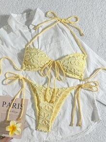 SHEIN Swim 女士两件套夏季沙滩装，纹理面料绳结系带露脐上衣和侧边抽绳长裤，泳装比基尼套装，女士比基尼套装，蕾丝泳装 - 黃色 - 查看 1