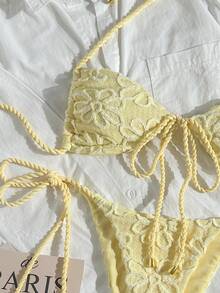 SHEIN Swim 女士两件套夏季沙滩装，纹理面料绳结系带露脐上衣和侧边抽绳长裤，泳装比基尼套装，女士比基尼套装，蕾丝泳装 - 黃色 - 查看 3
