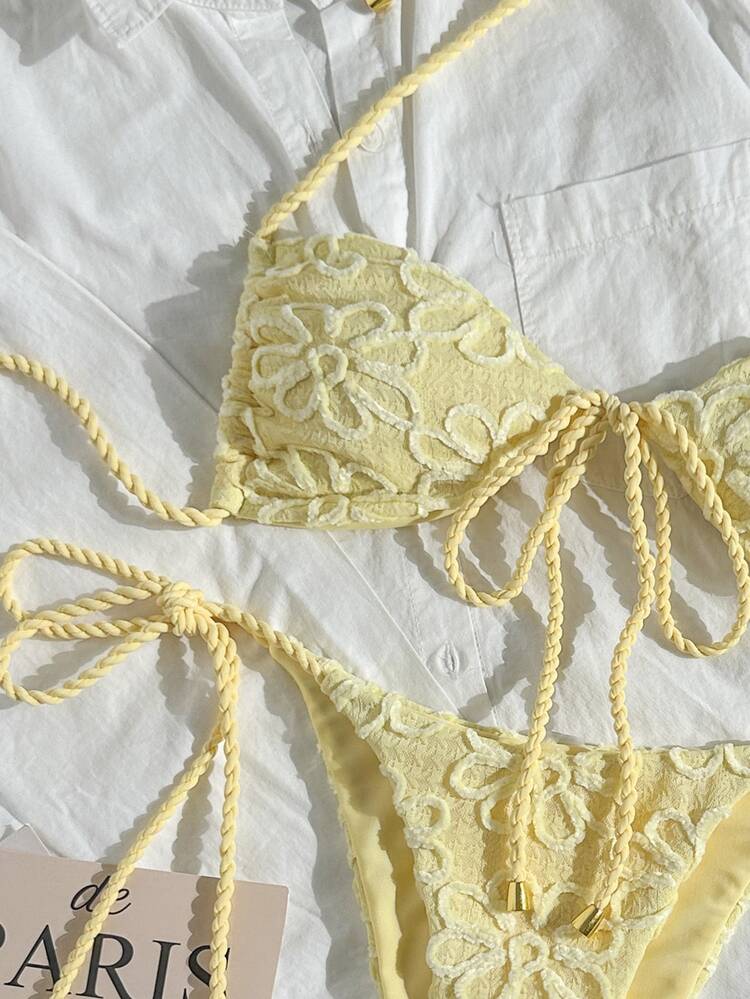 SHEIN Swim Women's 2-Piece Yellow Summer Boho Beach Vacation Holiday Holiday Bikini Set,Textured Fabric Rope Tie Crop Top,Side Drawstring Lace Swimwear Outfit - Yellow - View 3
