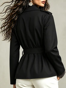 SHEIN Women's Autumn/Winter Basic Button Decor Cinched Waist Long Sleeve Trench Coat Jacket - Black - View 3