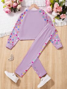 SHEIN 青少年女孩愛心圖案印花短版運動衫與緊身內搭褲2件套，甜美長袖休閒套裝，秋季穿搭 - 紫色 - 查看 2
