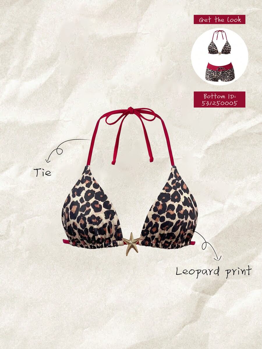 Elavelle Women's Spring/Summer Random Print Halter Bikini Top Beach Party Beige Sexy Tropical - Multicolor - View 1