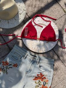 Elavelle Women's Spring/Summer Random Print Halter Bikini Top Beach Party Beige Sexy Tropical - Multicolor - View 4