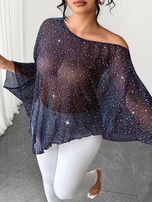 SHEIN LUNE CURVE Plus Size Women Gradient Color Shiny Fabric Asymmetric Hemline Batwing Sleeve Sexy Party Blouse - Multicolor - View 7