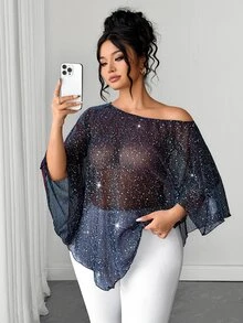 SHEIN LUNE CURVE Plus Size Women Gradient Color Shiny Fabric Asymmetric Hemline Batwing Sleeve Sexy Party Blouse - Multicolor - View 6