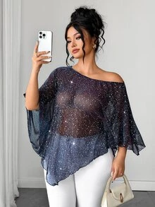 SHEIN LUNE CURVE Plus Size Women Gradient Color Shiny Fabric Asymmetric Hemline Batwing Sleeve Sexy Party Blouse - Multicolor - View 9