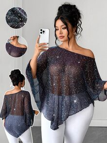 SHEIN LUNE CURVE Plus Size Women Gradient Color Shiny Fabric Asymmetric Hemline Batwing Sleeve Sexy Party Blouse - Multicolor - View 3