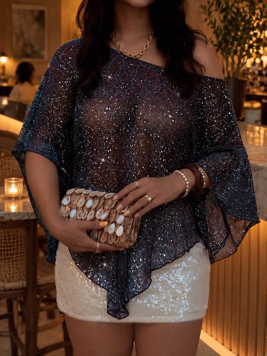 SHEIN LUNE CURVE Plus Size Women Gradient Color Shiny Fabric Asymmetric Hemline Batwing Sleeve Sexy Party Blouse - Multicolor - View 1