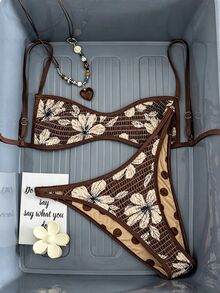 SHEIN Swim 女款棕色波點夏季80年代海灘度假風優雅休閒隨機印花可正反穿細肩帶微露胸比基尼上衣泳衣2件組 - 彩色 - 查看 3