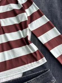 Tween Girl Tween Girls Autumn Teal & Brown Striped Slim Fit T-Shirt, Versatile For Daily Wear And School - Multicolor - View 4