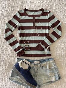Tween Girl Tween Girls Autumn Teal & Brown Striped Slim Fit T-Shirt, Versatile For Daily Wear And School - Multicolor - View 7