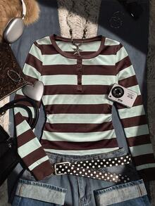 Tween Girl Tween Girls Autumn Teal & Brown Striped Slim Fit T-Shirt, Versatile For Daily Wear And School - Multicolor - View 6