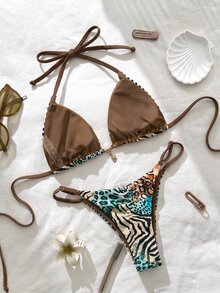 Elavelle Springbreak Women Beachwear Summer Outfits For Women Solid Color Spaghetti Strap Sexy Bikini Set - Multicolor - View 2
