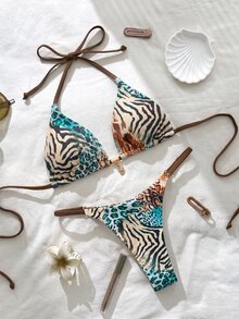 Elavelle Springbreak Women Beachwear Summer Outfits For Women Solid Color Spaghetti Strap Sexy Bikini Set - Multicolor - View 3