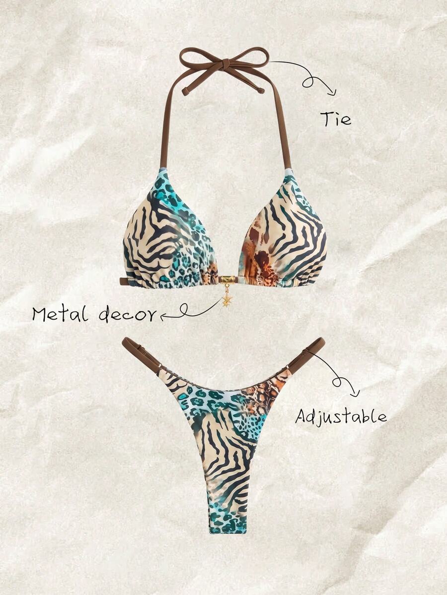 Elavelle Springbreak Women Beachwear Summer Outfits For Women Solid Color Spaghetti Strap Sexy Bikini Set - Multicolor - View 1