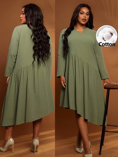 BrightlyHer Plus Size Solid Olive Green Notched V-Neck Long Sleeve Asymmetric Ruffle Hem Dress Autumn 2026 Office Formal Casual