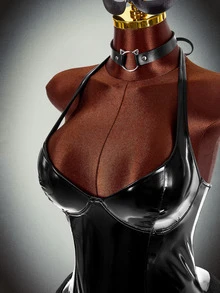 SHEIN ICON 女款萬聖節 Cosplay 套裝 掛脖 PU 鏡面拼接蕾絲緊身連身褲 暗黑風格 Y2K - 黑色 - 查看 5