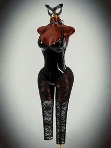 SHEIN ICON 女款萬聖節 Cosplay 套裝 掛脖 PU 鏡面拼接蕾絲緊身連身褲 暗黑風格 Y2K - 黑色 - 查看 4