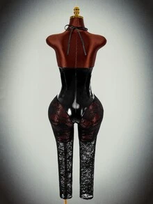 SHEIN ICON 女款萬聖節 Cosplay 套裝 掛脖 PU 鏡面拼接蕾絲緊身連身褲 暗黑風格 Y2K - 黑色 - 查看 2