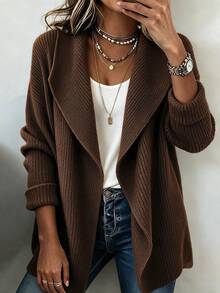SHEIN Waterfall Collar Drop Shoulder Open Front Cardigan - Coffee Brown - View 7