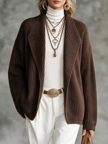 SHEIN Waterfall Collar Drop Shoulder Open Front Cardigan - Coffee Brown - View 6