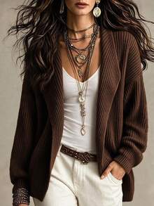 SHEIN Waterfall Collar Drop Shoulder Open Front Cardigan - Coffee Brown - View 8