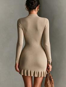 SHEIN PariChic Chinese Frog Button Ribbed Knit Mini Dress Long Sleeve Ruffle Hem Bodycon Sweater Dress - Khaki - View 2