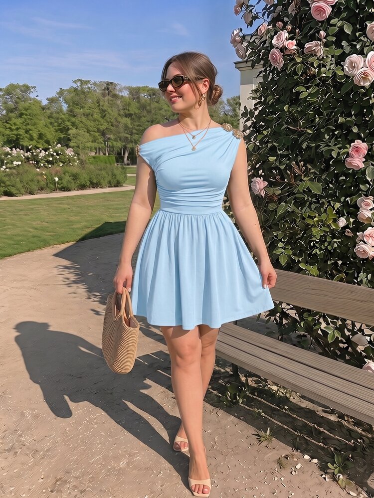 SHEIN MOD Gaun Panjang Sedang Wanita Ukuran Plus Warna Cokelat dengan Bahu Asimetris, Pakaian Wanita Musim Gugur, Gaun Pesta, Gaun Wanita Elegan, Musim Gugur yang Chic, Gaun Mini Tanpa Lengan, Kain Lembut Mengkilap, Dekorasi Bunga Metalik, Gaya Elegan, Pinggang Pas, Tekstur Halus Elastis Lembut, Pesona Feminin, Penampilan Indah, Kain Tahan Kerut, Kilau Halus, Desain Elegan - Biru - View 6