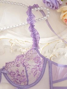 SHEIN 两件套性感薄纱蕾丝边吊带荷叶边内衣套装 - 紫色 - 查看 8