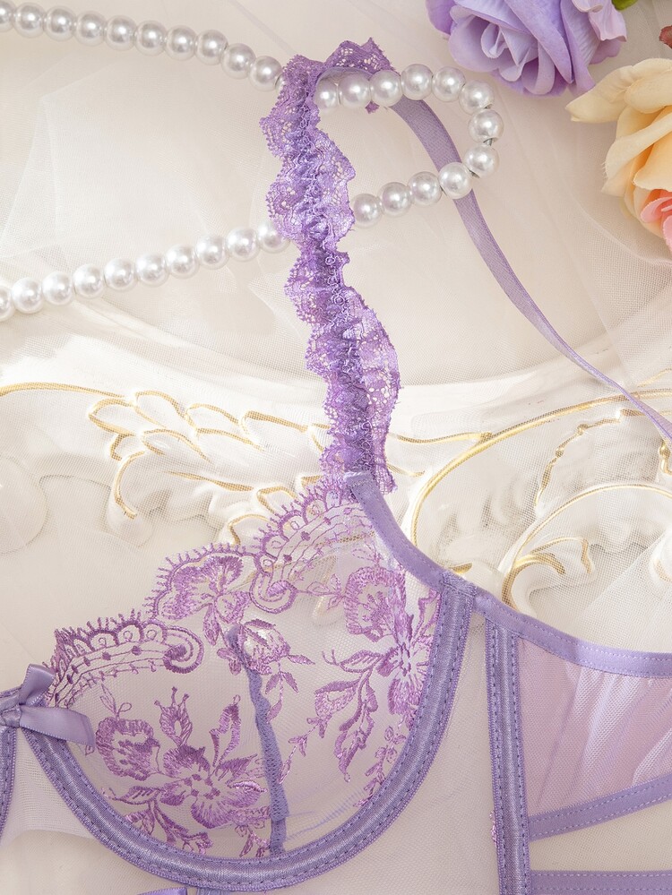 SHEIN 2pcs Women's Light Purple Sheer Lace Trim Lingerie Set With Straps And Ruffles Bride Summer Wedding Guest - Purple - View 8