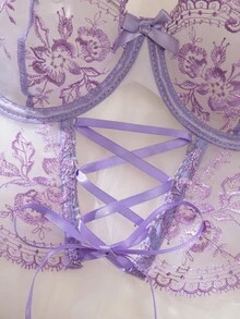SHEIN 两件套性感薄纱蕾丝边吊带荷叶边内衣套装 - 紫色 - 查看 7